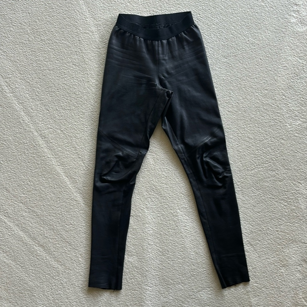 Alexis Pull On Black Leather Leggings - Black Elastic Waist Band